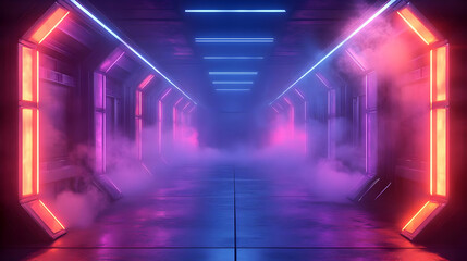 Fototapeta premium 3D Neon Lights Futuristic Corridor Abstract Background