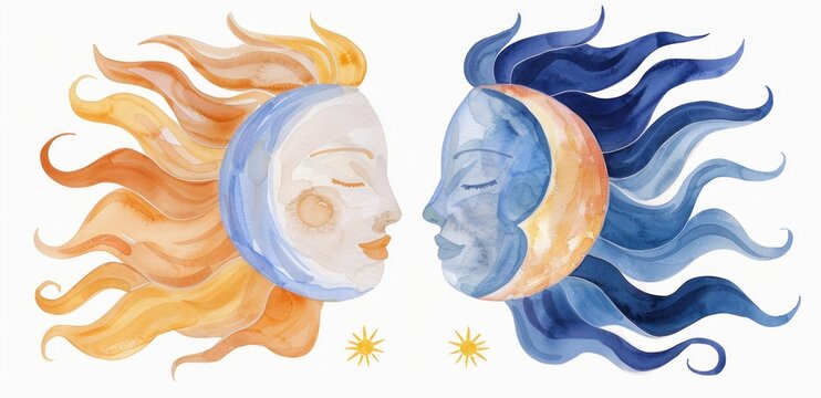 Celestial harmony: artistic representation of sun and moon unity in watercolor