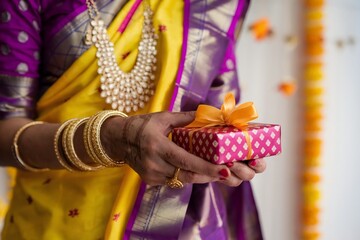 Indian woman holding gift in traditional sari during festive celebration