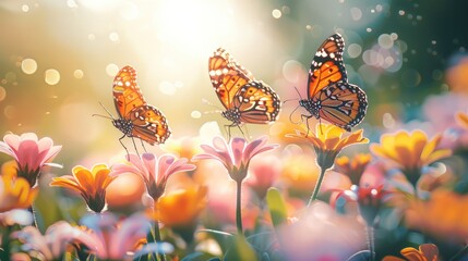 Beautiful bees and butterfly on the spring flower garden blur background.