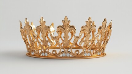 Fototapeta premium Luxurious Gold Crown on White Background, a striking 3D-rendered crown with a gleaming surface, emphasizing elegance and opulence in a minimalist setting