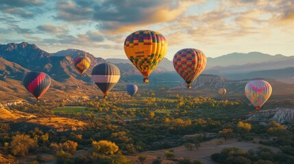 Obraz premium a group of hot air balloons in vibrant patterns, floating over a scenic landscape with mountains in the background.