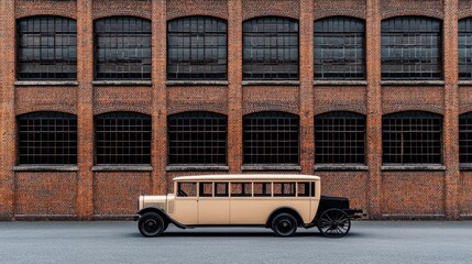 Obraz premium An antique black horse-drawn carriage rests beside an old South Australian prison building, featuring striking brown brick walls and a distinctive red tiled roof