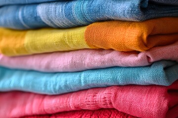 stack of colourful cotton clothes, close up pile of clothing  with generative ai