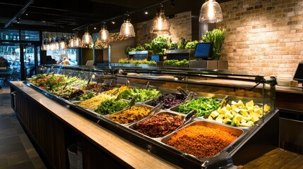 a healthy fresh salad bar with colorful options like quinoa, avocado, and leafy greens, beautifully arranged for diners.