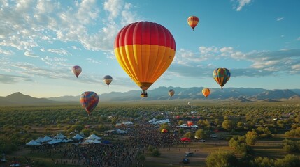 Obraz premium a hot air balloon festival, with multiple colorful balloons ascending into the sky over a scenic landscape.