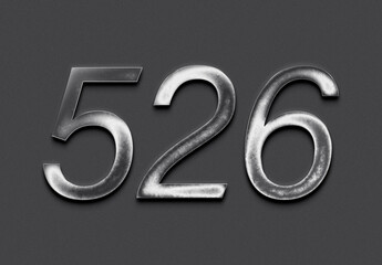 Chrome metal 3D number design of 526 on grey background.