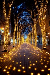 Illuminated street lined with festive lights
