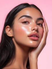 Stunning Latina woman with radiant skin and soft makeup gently touches her cheek in this close-up portrait against a pink background. Perfect for skincare ads, beauty photography, with generative ai