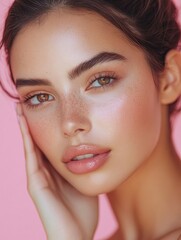 Stunning Latina woman with radiant skin and soft makeup gently touches her cheek in this close-up portrait against a pink background. Perfect for skincare ads, beauty photography, with generative ai