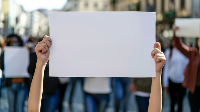 Community members holding blank signs during a peaceful demonstration for social change in a vibrant urban setting