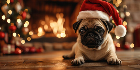 Obraz premium A pug puppy, wearing Santa hat sitting by an open fire next to a Christmas tree.