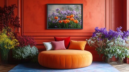 Stylish living room with a round ottoman, fresh floral arrangements, and colorful decor, creating a lively yet cozy atmosphere. Home decor and mock up poster frame,