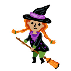 Funny witch character with broom in cartoon style. Vector illustration Halloween isolated on white background