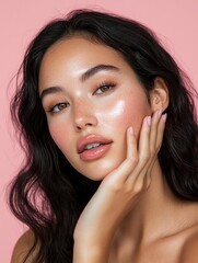 Stunning Latina woman with radiant skin and soft makeup gently touches her cheek in this close-up portrait against a pink background. Perfect for skincare ads, beauty photography, with generative ai