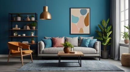 Interior desgin of modern living room interior with mock up poster frame, colorful decorations and accessories, plants, sofa, coffee table. Blue wall. Home decor. Template