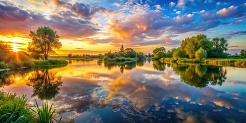 Fototapeta premium A calming landscape showcases a still water reflection, bathed in soft sunrise light, creating a peaceful ambiance that invites tranquility and serene contemplation.