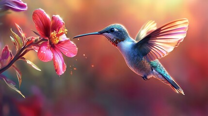 Naklejka premium A hummingbird feeds on a pink flower with pink flowers in the foreground and background