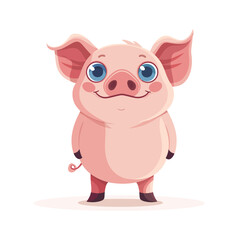 A cute cartoon pig standing upright with a big smile and bright blue eyes. The pig is pink with large ears and a curly tail, looking cheerful and friendly.