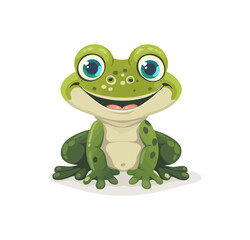 A happy cartoon frog sitting with wide blue eyes and a cheerful expression. The frog is green with spotted patterns and appears playful and cute.