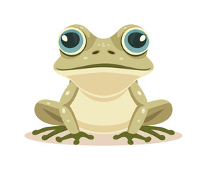 A cute cartoon frog sitting with big blue eyes and a neutral expression. The frog is green with spotted patterns and small limbs, making it look adorable and relaxed.