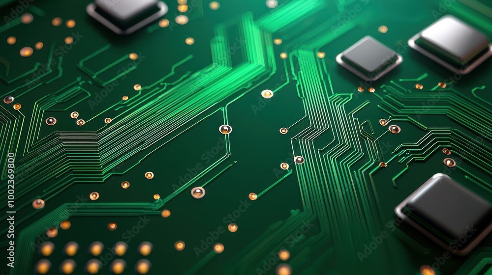 Poster close-up view of a green circuit board showcasing intricate pathways and microchips, suitable for te