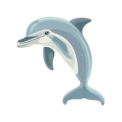 A light blue and grey cartoon dolphin leaping with a curved body, showing a fun and dynamic motion, resembling a splash in water