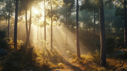Obraz premium Sunbeams penetrate through the trees of a dense forest, illuminating the path.