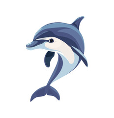 A cartoon dolphin leaping out of the water with a joyful expression. The dolphin is light blue with grey markings and has a playful appearance