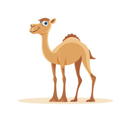 Naklejka premium Side view of a cartoon camel standing sideways, with a cheerful expression and long legs. The camel is light brown and appears friendly and playful.