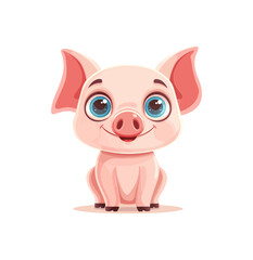 A cute baby pig sitting with a cheerful expression and big blue eyes. The pig is light pink with large ears