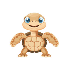 A cute cartoon turtle standing with arms up and smiling. The turtle has a light brown shell and a playful expression