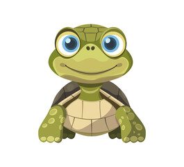 A cute cartoon turtle with big, blue eyes and a friendly smile. The turtle is depicted in a green and brown color scheme