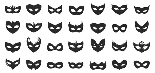 Carnival mask black icons set. Half and full faced. Masquerade costume eye mask incognito party hero villian masque element. Black and white simple flat style. Isolated vector on white background