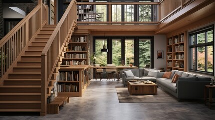 Obraz premium Cozy wooden interior with staircase and bookshelves in modern home surrounded by nature