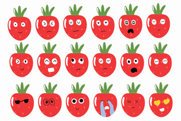 Set of strawberry emoticon cartoon isolated on white background.	