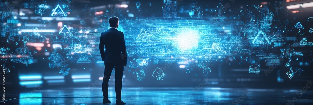 Poster a professional engages with floating holographic data and neural networks in a high-tech environment