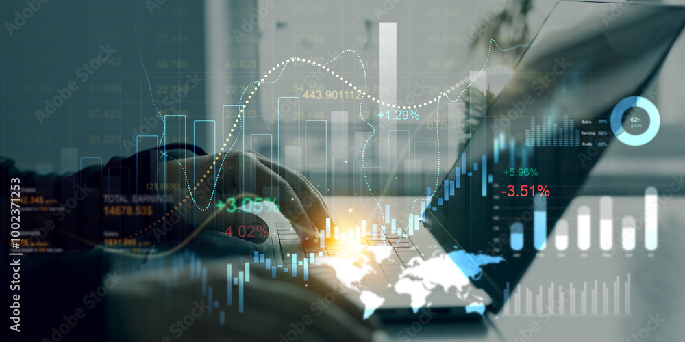 Aufkleber Businessman using laptop for analyzing data sales and financial graph chart. Business development strategy,analysis and planning.Financial marketing graph and profit stock market.
