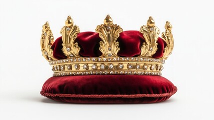 Fototapeta premium Regal Gold Crown on Velvet Cushion, showcasing opulence and aristocratic charm, set against a pristine white backdrop for a striking visual impact
