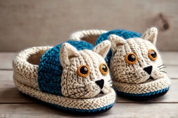 Unusual knitted slippers in the shape of a cat.