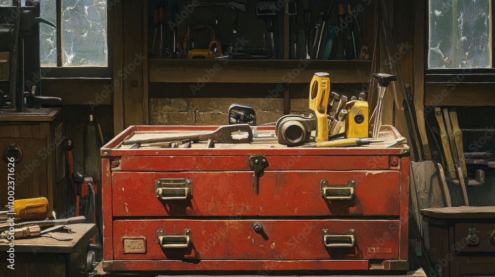Poster A Red Toolbox Filled with Tools and Accessories in a Workshop