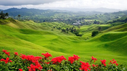 Vibrant red flowers and lush green leaves contrast with the rolling hills of Fiji, showcasing modern architecture under a bright white sky