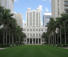 The Museum showcases a stunning landscape with palm trees, lush green grass, and a breathtaking sky, inviting visitors to relax and enjoy the surroundings