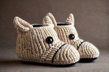 Obraz premium Unusual knitted slippers in the shape of a cat.
