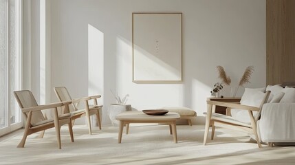 Fototapeta premium a Scandinavian furniture set in a bright living room, with light wooden chairs, a simple sofa, and airy, white walls.