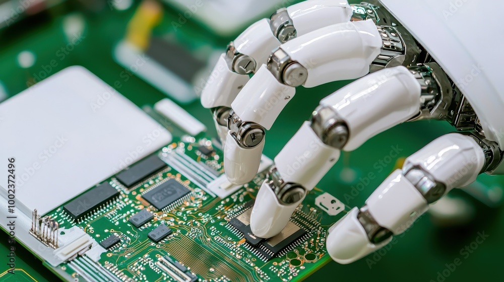 Poster robotic hand manipulating electronic components on a circuit board, showcasing advanced automation t