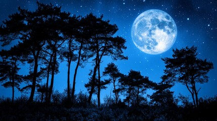Moonlit Trees Silhouette, dramatic outline of towering trees against a vivid moonlit sky, stars twinkling above, showcasing the serene beauty of nighttime nature.