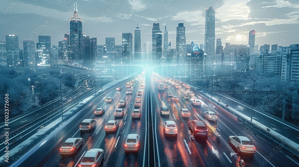 Poster a futuristic cityscape with autonomous cars navigating intelligently. taken from an elevated positio