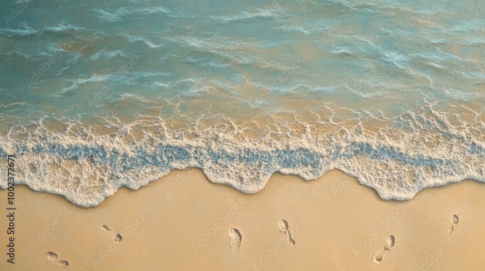Poster a serene top view of a sandy beach with subtle waves lapping at the shore, and footprints visible in