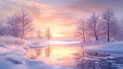 a serene winter landscape with snow-covered trees and a frozen lake, reflecting the soft colors of a winter sunset.